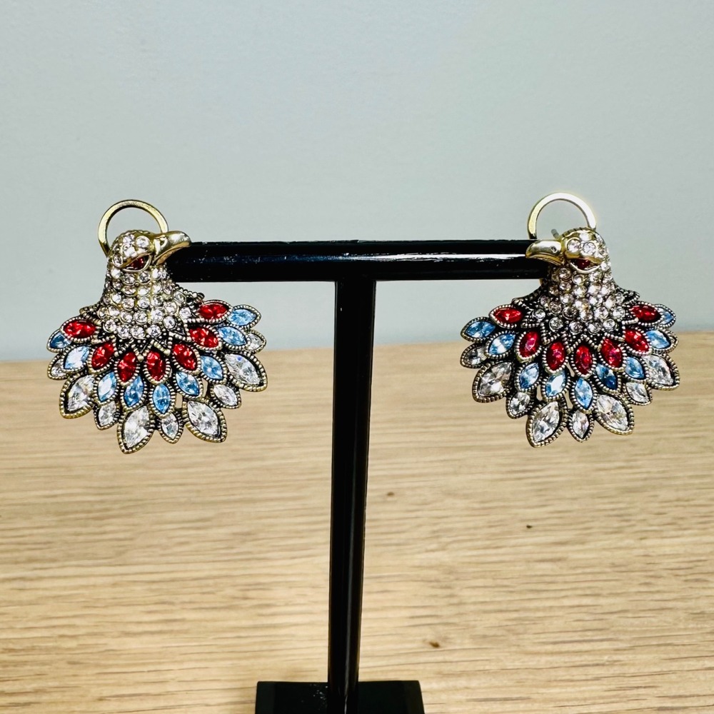 Heidi Daus Patriotic Eagle Earrings Red White Blue Crystal Omega Back Signed